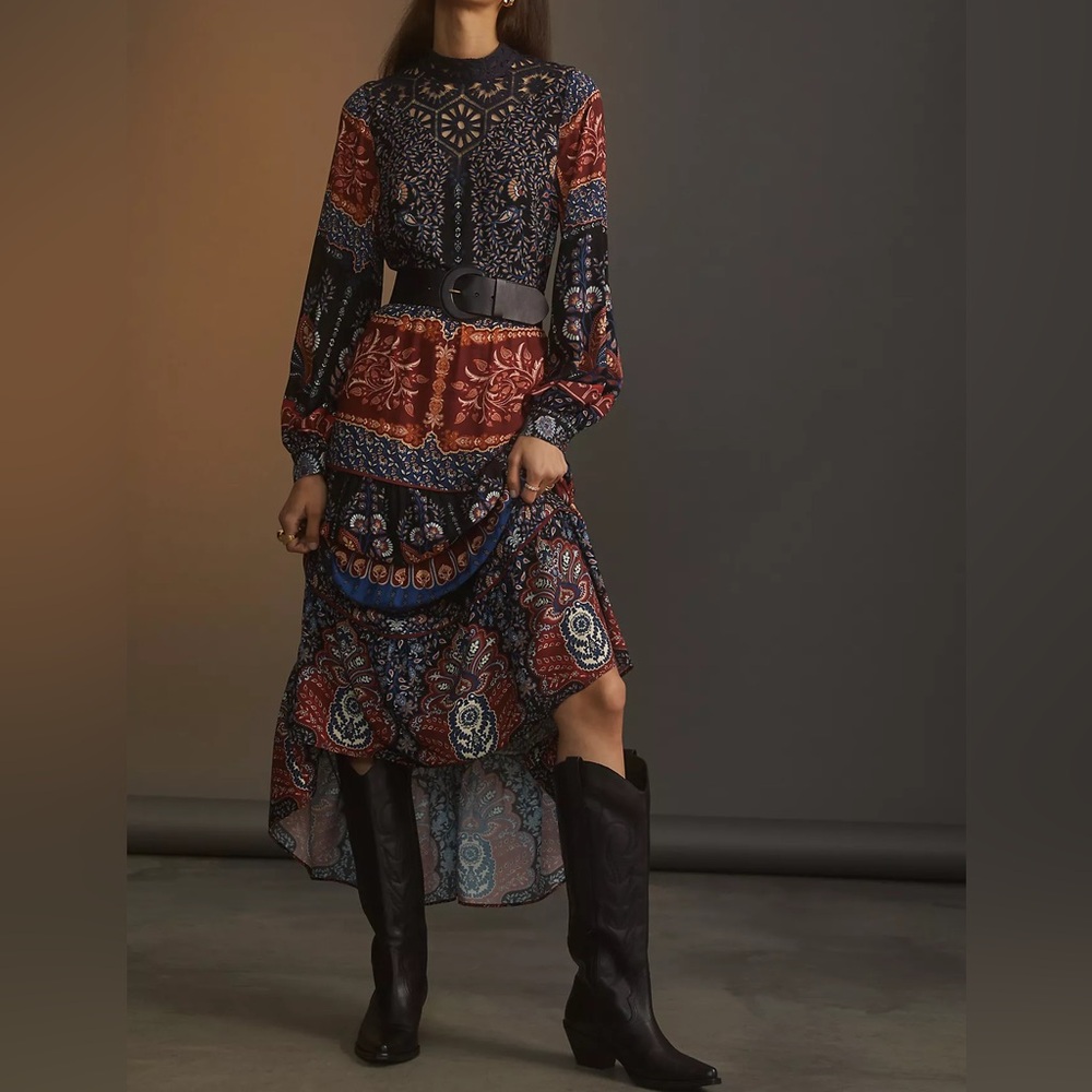 NWT Anthropologie + Farm Rio Crochet Long Sleeve Boho Maxi Dress in Navy Blue